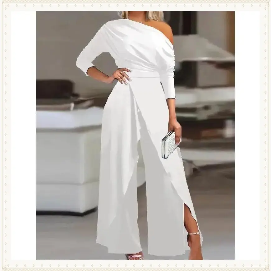 Plain Ruched Wrap Split Hem Jumpsuit for Women, Elegant Wide Leg Jumpsuit for Dating Daily Wear,  Overalls for Women, Ladies Clothes for All Seasons  Womenswear Long Sleeve  Basic Minimalist