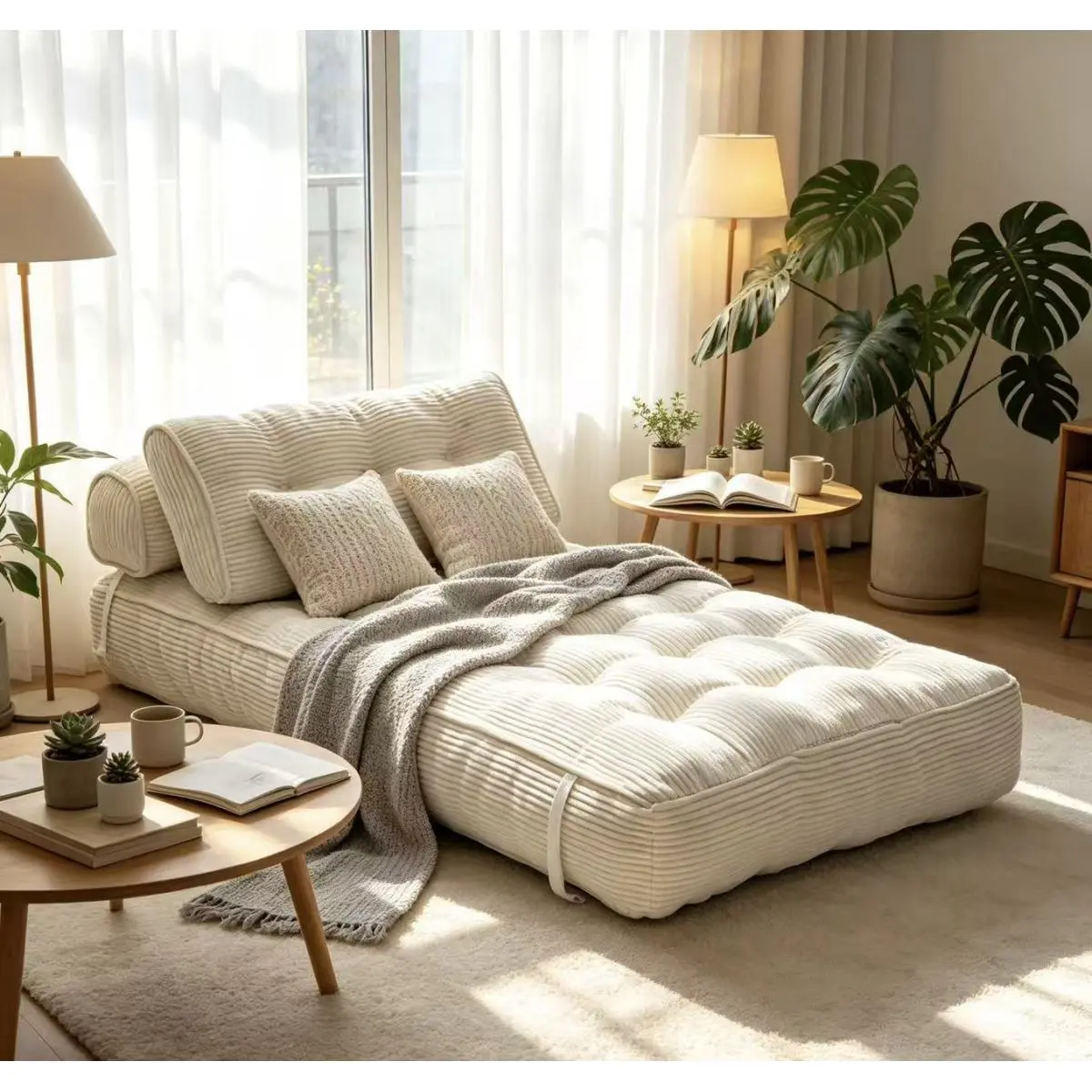 Folding Floor Chair Sofa Bed, Convertible Corduroy Lazy Lounger with Backrest Pillow, Adjustable Sleeper Mat for Bedroom Living Room