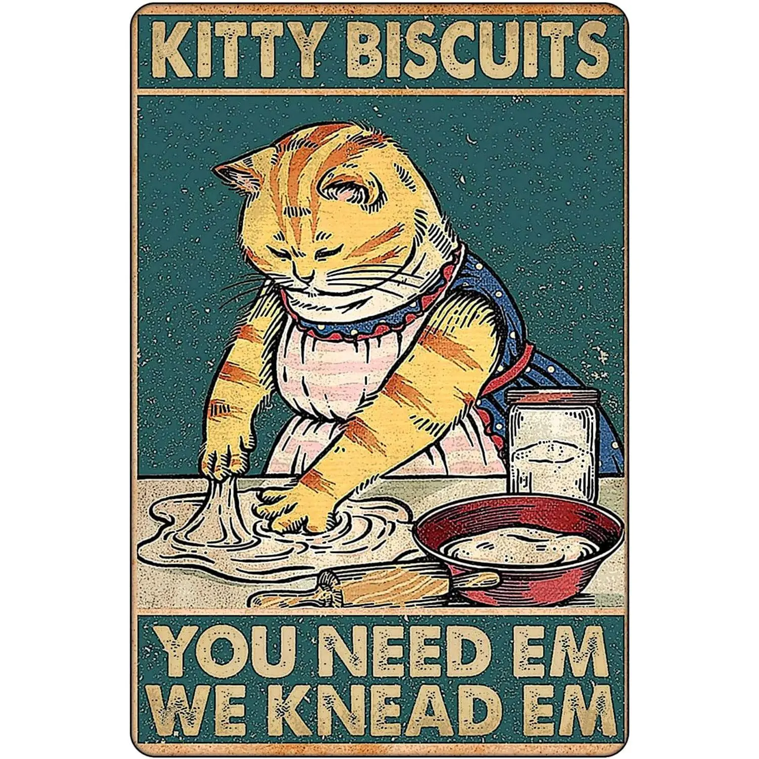 Vintage Kitty Biscuits Metal Sign, 12x8 in Retro Charm Wall Decor, Whimsical Cat Plaque for Cottage Core Kitchens, Rustic Farmhouse Home Decor Gift Idea