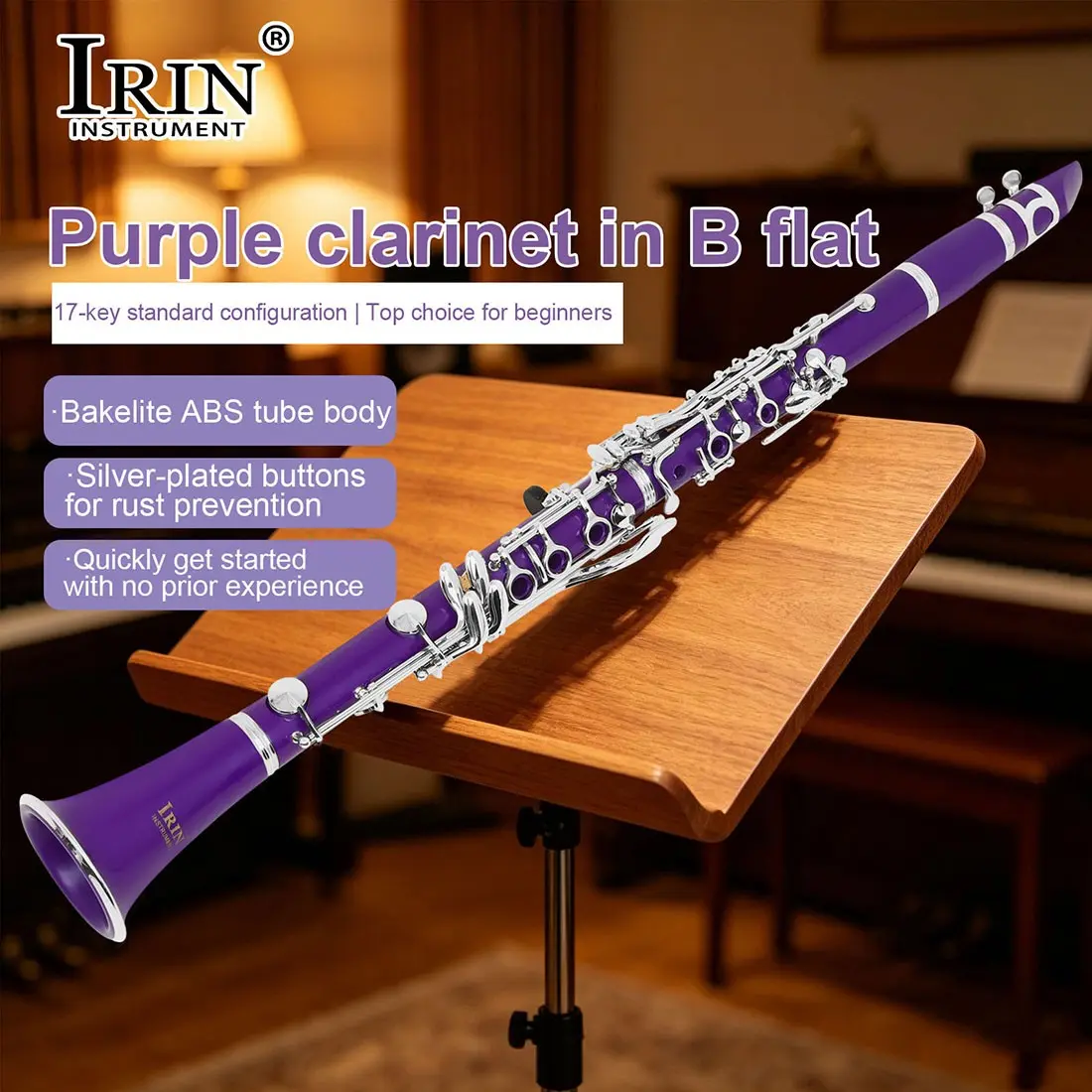 Irin In610 Colorful Bb Clarinet, Abs Body, 17-Key Ring, 6-Keys, Includes Irin Cloth Box and Standard Accessories, Musical Instrument