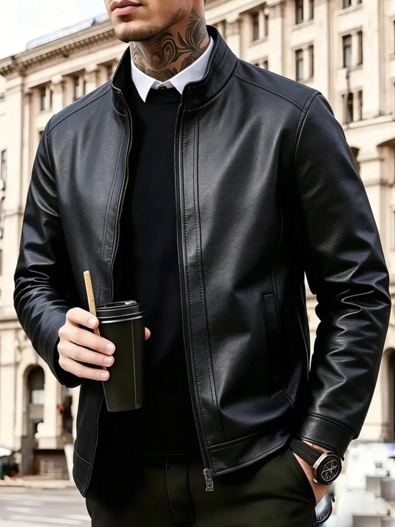 Men's Autumn Winter Synthetic Leather Jacket Coat, Windproof Casual Stand Collar, Long Sleeve Slim Fit, All Seasons Outerwear