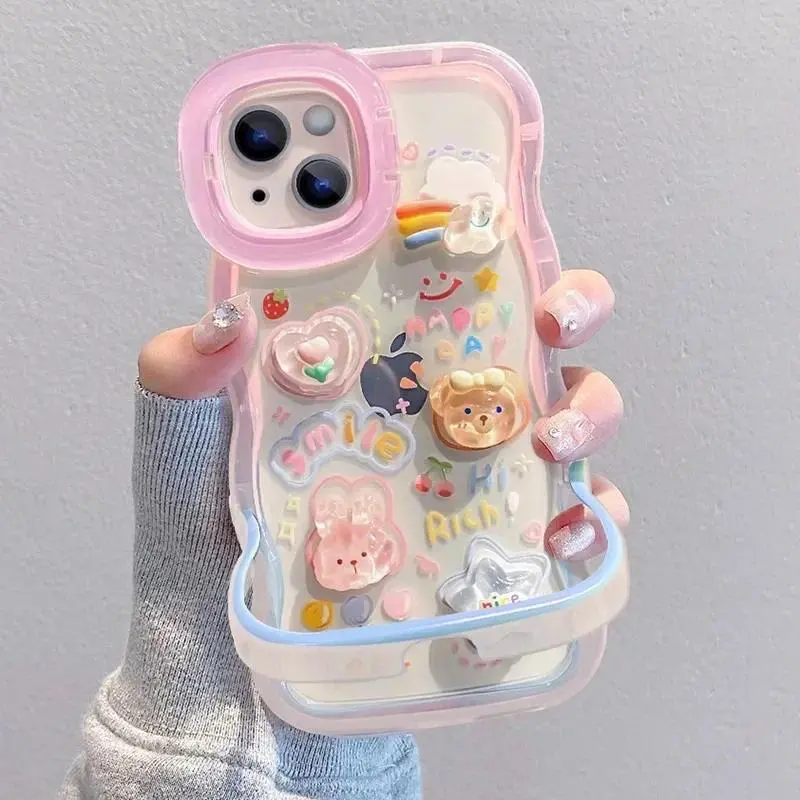Cartoon 3D Bracket Phone Holder Case For iPhone 16 17 15 14 13 12 11 Pro Max Plus X XS XR Rainbow Love Heart Holder Stand Cover