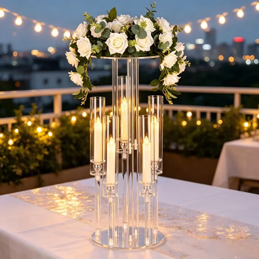 Two-In-One Acrylic Transparent Candle Holder with Flower Stand, Wedding Table Centerpiece Decor, Desktop Ornament (without Candles)