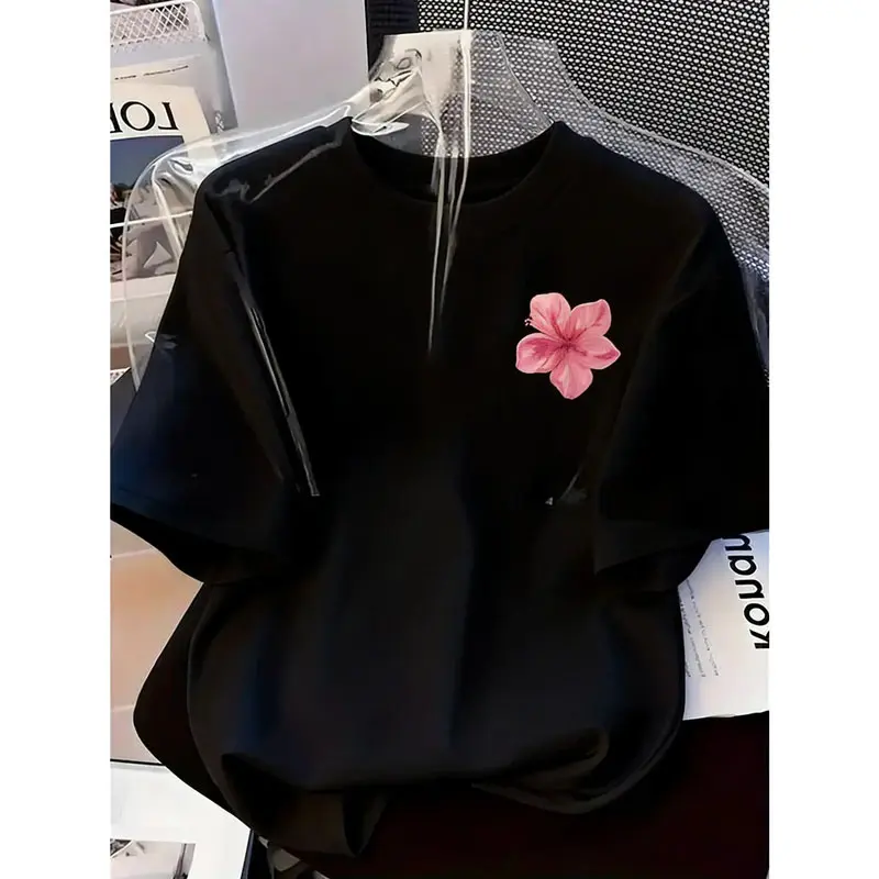 Fitted Fashion T-Shirt - Crew Neck Short-Sleeve, White Pink Flower Print, Casual Party Clothes, Sports Outerwear for Daily Streetwear, Women's Clothes