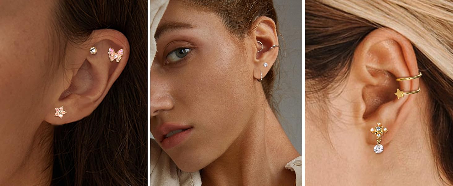 LOYALLOOK 18pcs Cartilage Earring Stud for Women Surgical Steel CZ Flat Back Earrings Couch Hoop Piercing Opal Flower Sanke Helix Tragus Piercing Earring Stud Piercing Cute Cubic Zirconia Nickel Free Personalized Elegant Minimalist Fashionable Daily Wear