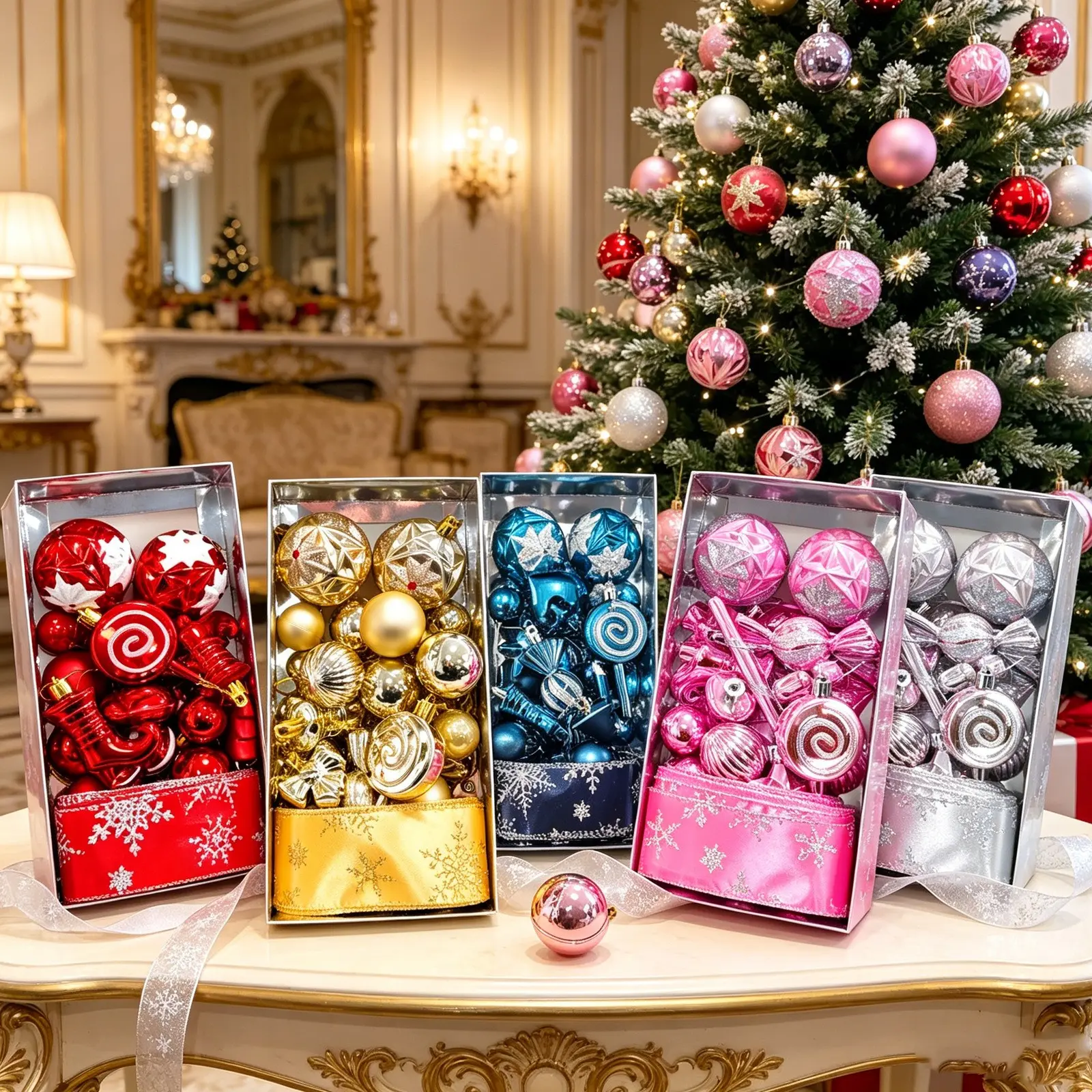 30pcs Christmas Tree Decorations, Ribbon Candy Boots Cane Bow Plastic Balls, Painted Christmas Ornaments, Festive Holiday Supplies