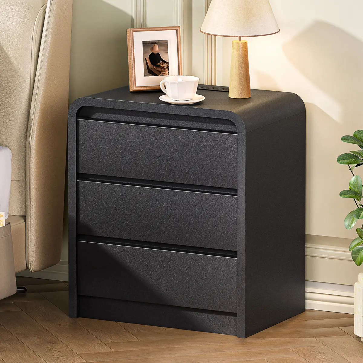 [Bellemave] Modern Night Stand with Charging Station, 25" Tall Wood Nightstand Bedside Table with 3 Drawers & USB Ports, Mid-Century End Table for Bedroom