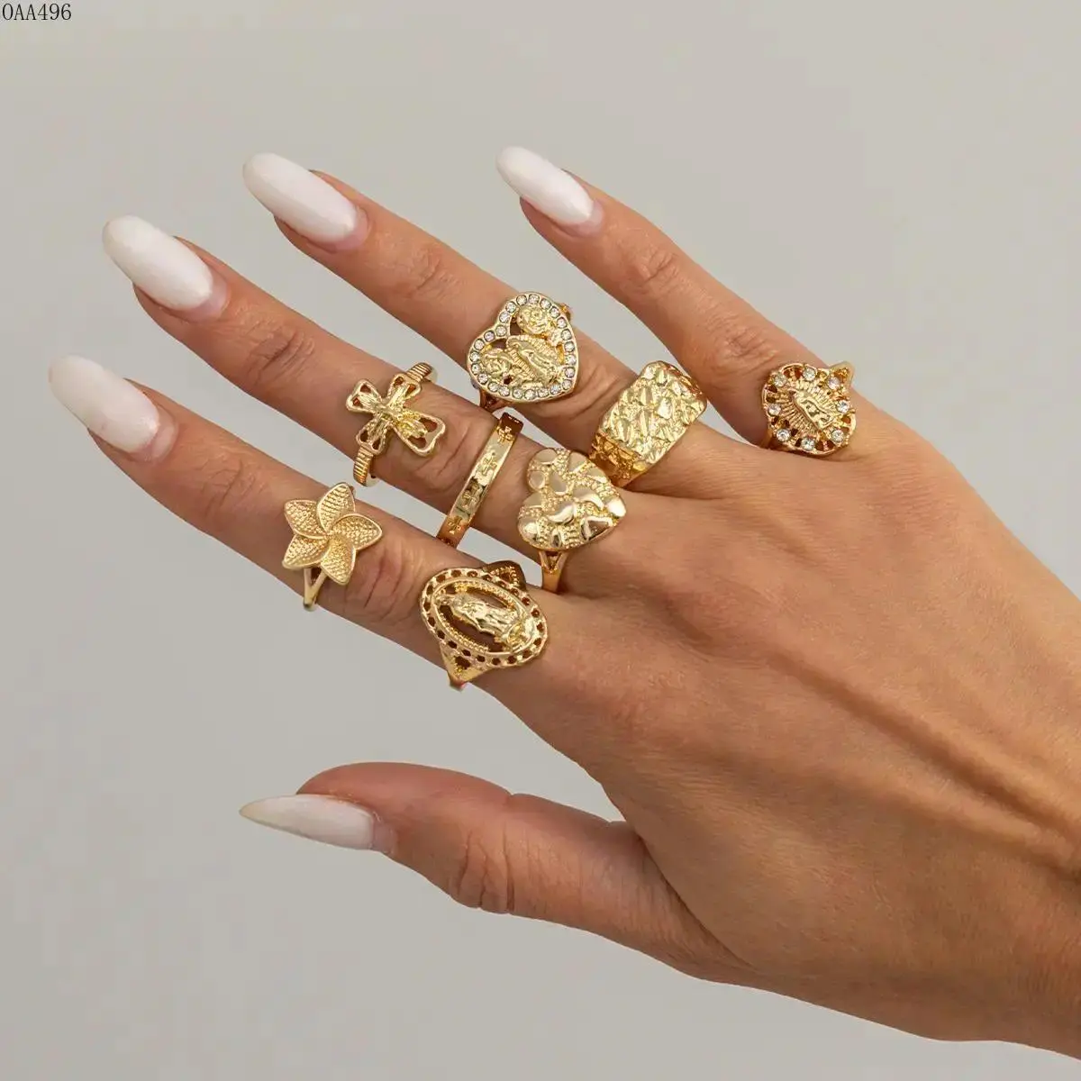 8-Piece Vintage Cross Ring Set for Women, Gold Plated Alloy Stackable Rings With Crystal Pave Details, Y2K Boho Statement Jewelry for Daily Wear, Parties, Layering and Gift Giving