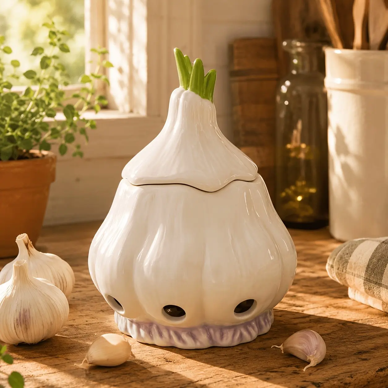 6.7in Large Ceramic Garlic Keeper with Lid, Countertop & Refrigerator Garlic Storage Jar, 9 Vent Holes