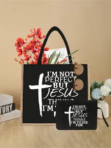 Jesus Cross Handbag Set, Linen Large Capacity Bag, Shopping Bag, Ideal for Daily Use, Beach Vacation, School, Work, Travel
