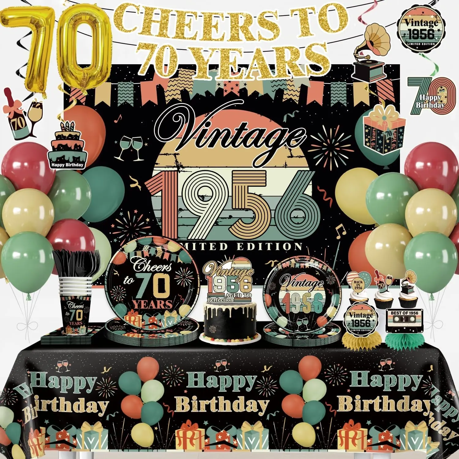 Xynic 220PCS 70th birthday decorations for men, All-in-One Vintage 1956 Cheers to 70 Years Party Supplies with Plates, Napkins, Banner, Backdrop, Balloons, Serves 25