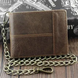 Retro Real Leather Chain Wallet Mens Bifold Many Card Holder With Safe Keychain