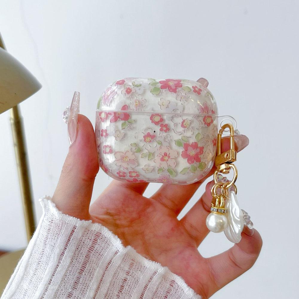 Soft Silicone Earphone Case With Cute Clear Pink Flower Pendant, Protective Cover Compatible With AirPods Series Models, Flexible Anti-Drop Shell For Wireless Charging And Daily Carrying