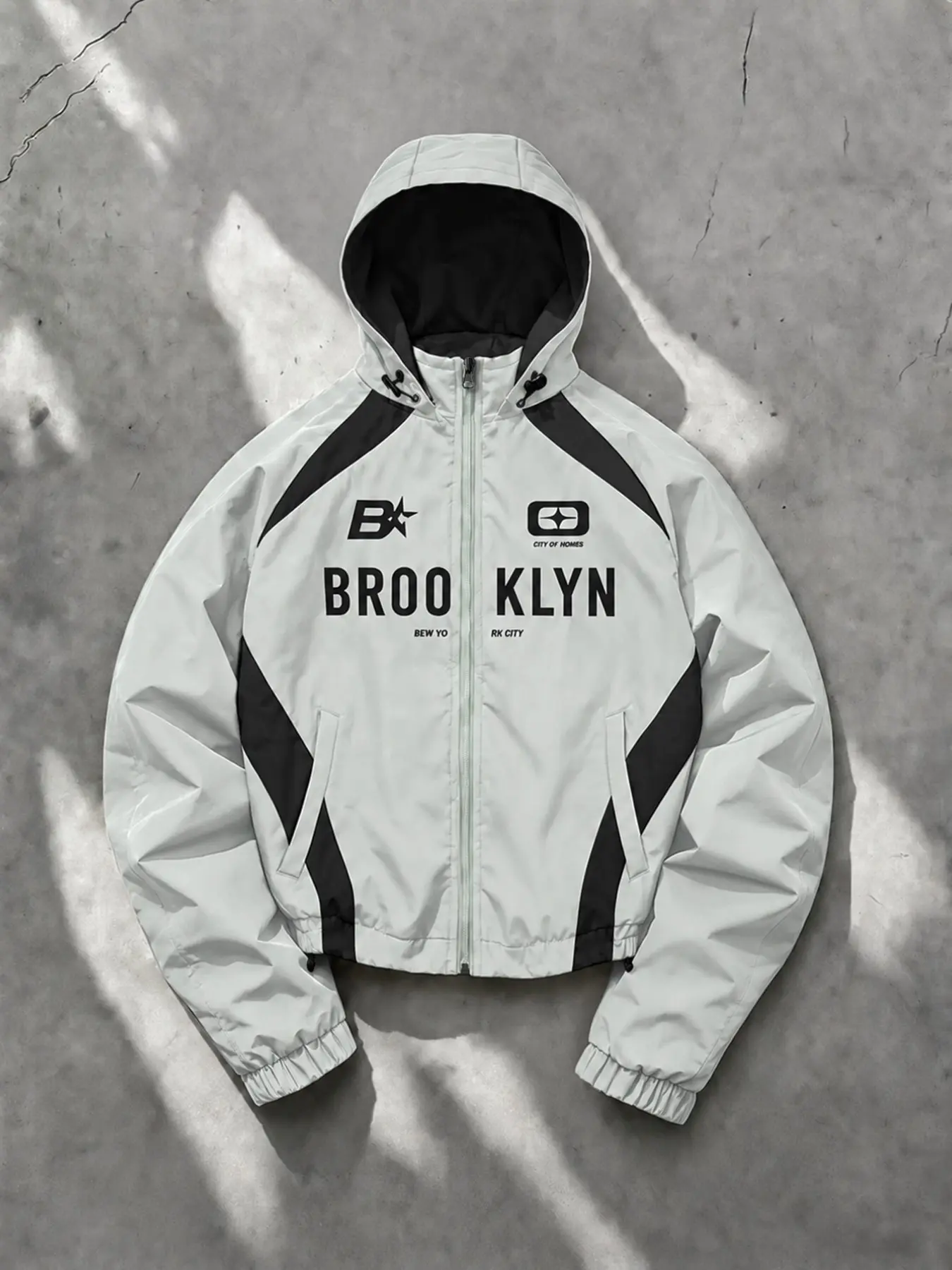 Men's Street Style Hooded Jacket, Brooklyn Letter Print, Adjustable Drawstring, Zipper Front, Side Pockets, Windproof, All Seasons