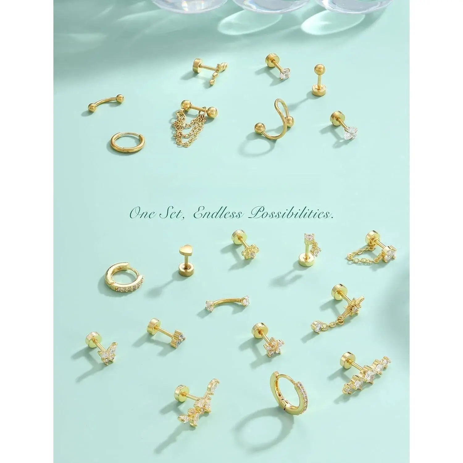 Florideco 14K Gold Plated Helix Piercing Jewelry Surgical Steel Flat Back Earrings Stack for Women CZ Chain Earrings Studs Hoops