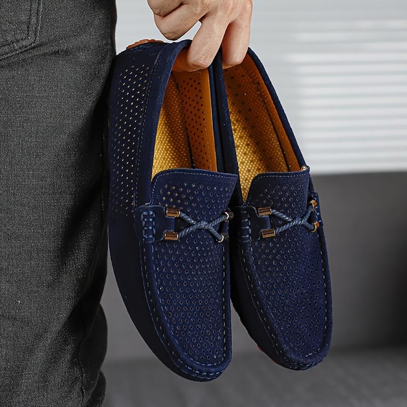 [Navy Blue Loafers] Breathable Men's Navy Blue Slip-On Loafers |         Casual Summer Driving Shoes, Large Size, Contrast Stitching |         Ventilated Comfort, Perforated Design & Brown Accents