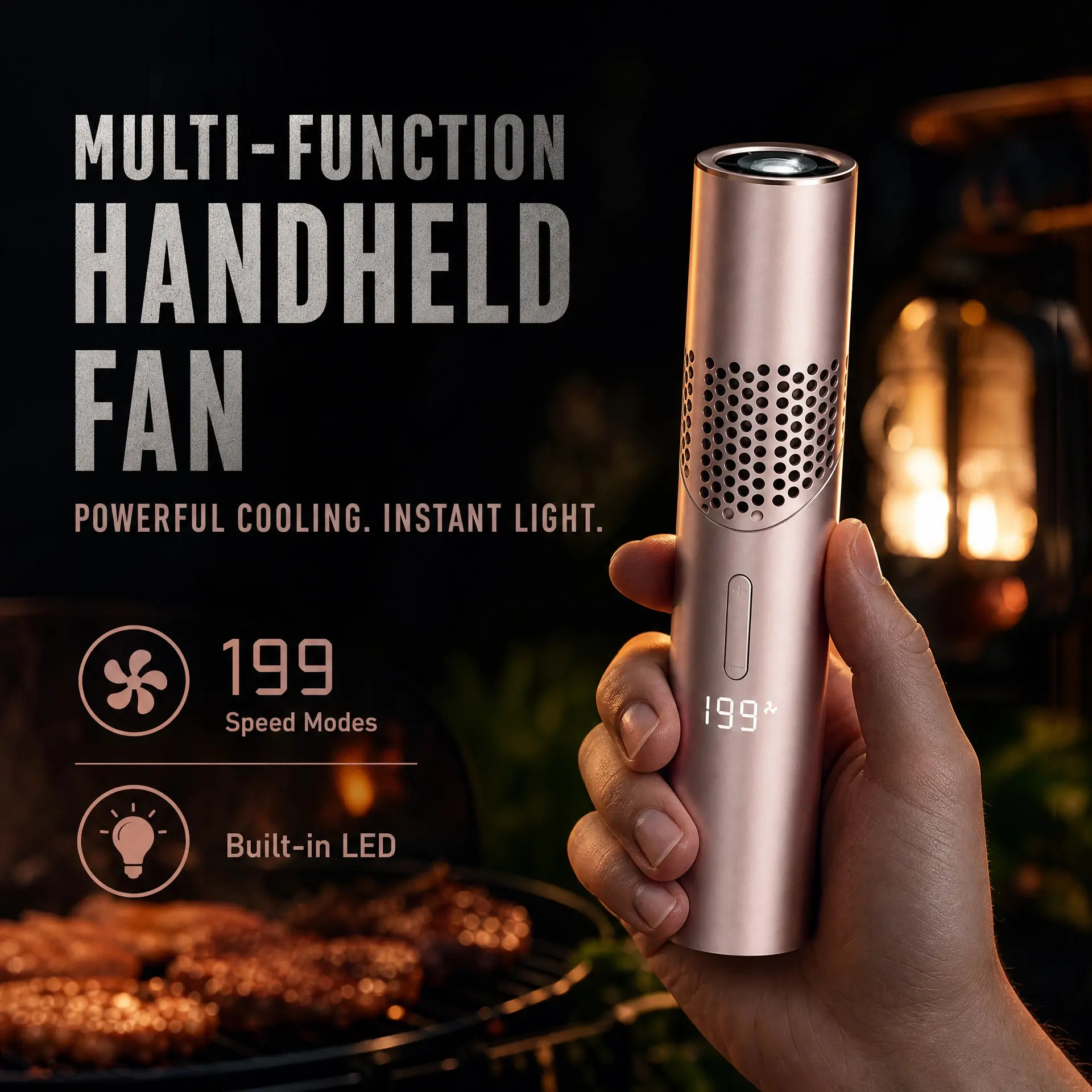 Portable Handheld Fan with Flashlight & BBQ Air Blower, 199 Speeds, 90° Foldable Turbo Fan for Camping & Outdoor gala c tech student carry powerful airflow high adjustable rechargeable personal cooling fan small