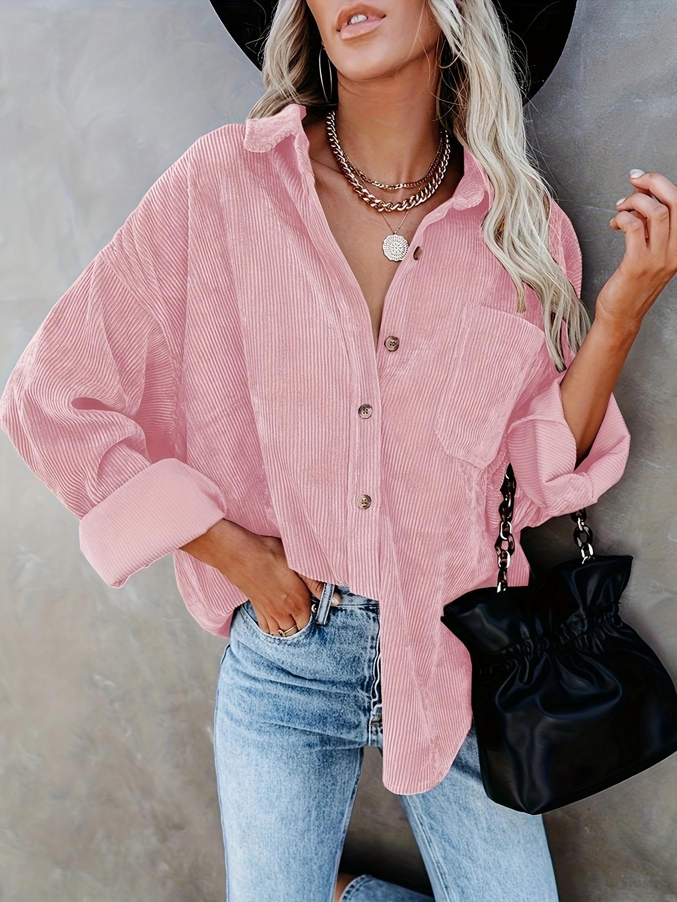 Women's Corduroy Button Shirt With Pocket, Long Sleeve Loose Drop Shoulder Style For Spring & Fall
