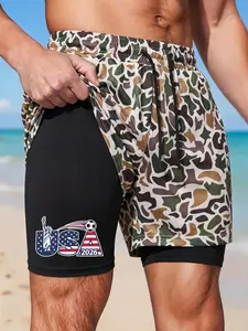 Men's Camo All Over Print 2 In 1 Compression Liner Casual Shorts, 2026 USA Statue Of Liberty Soccer Flag Graphic Print Elastic Drawstring Regular Fit Lightweight Summer Daily Athletic Shorts