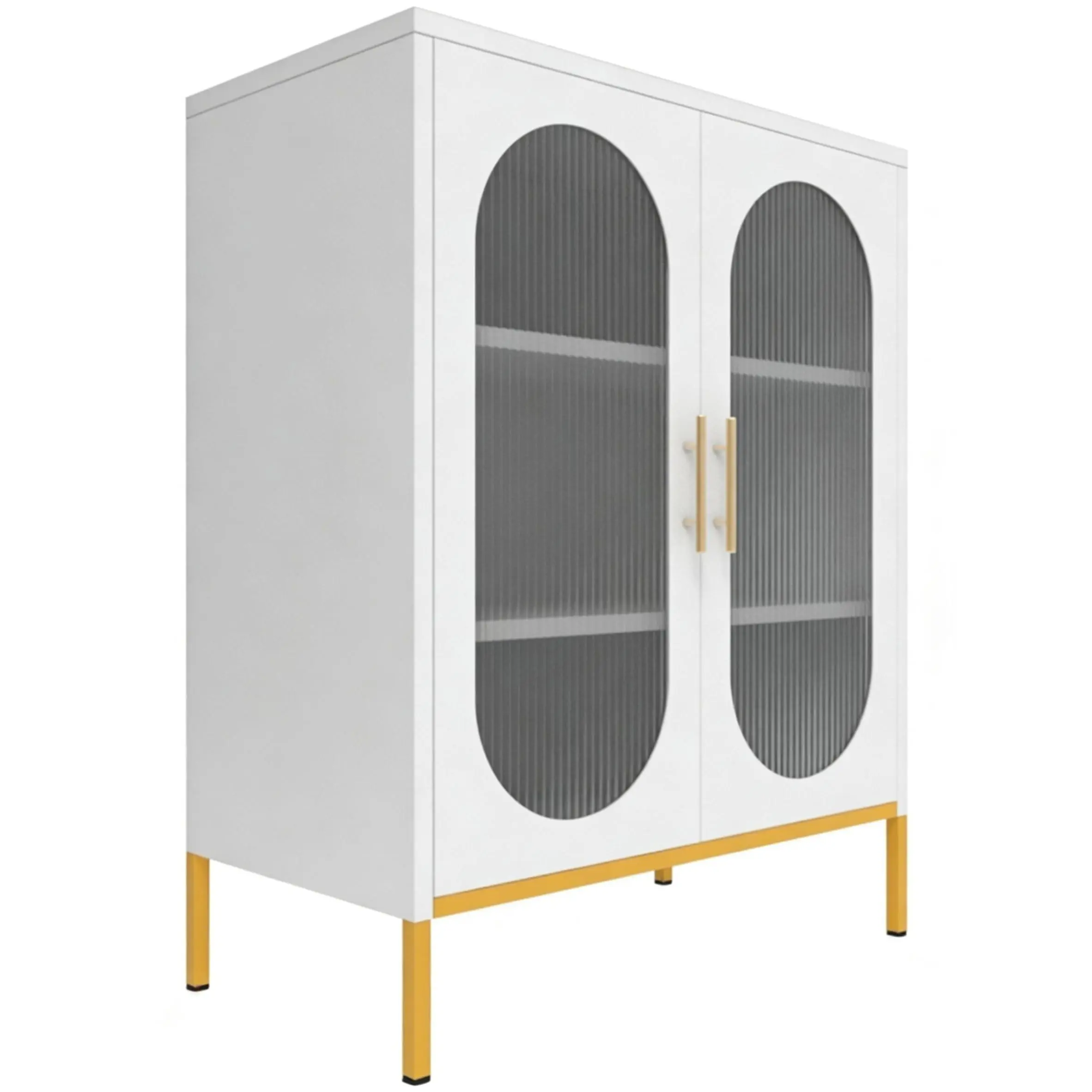 Fluted Glass Steel Storage Cabinet Pantry - 2 Door Metal Accent Display Cupboard with Adjustable Shelf, 2 Tier