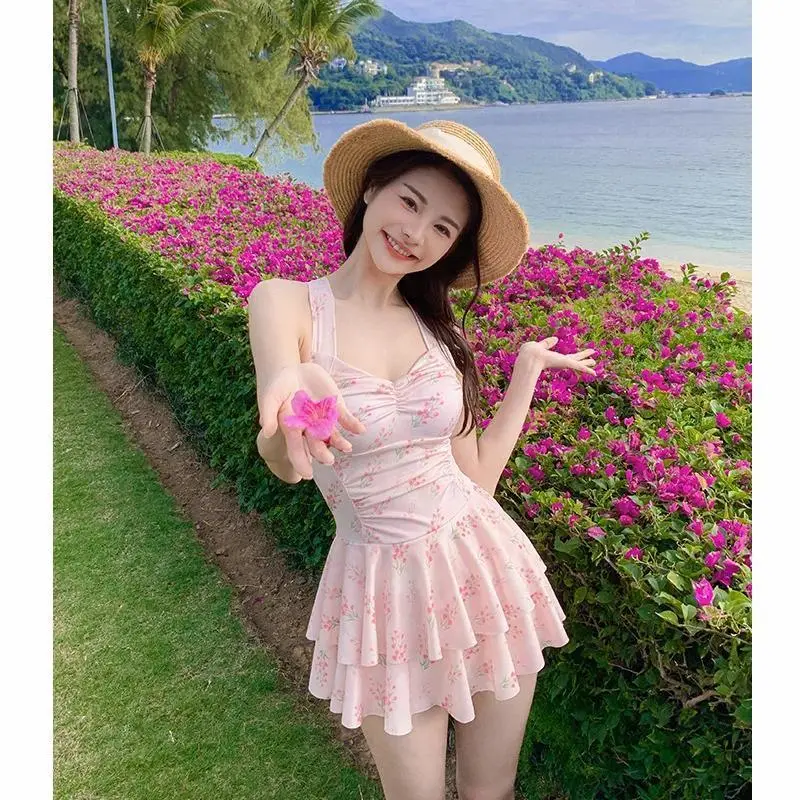 New One-Piece Swimsuit Women Summer Sexy Floral Skirt Style Conservative Belly Cover Slimming Neck Hanging Hot Spring St...