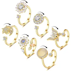 6Pcs 14K Gold Plated Anxiety Rings for Women, Adjustable Spinner Anxiety Ring, CZ Butterfly Bee Moon Star Fidget Rings for Anxiety Stress Relief for Womenfidget toys