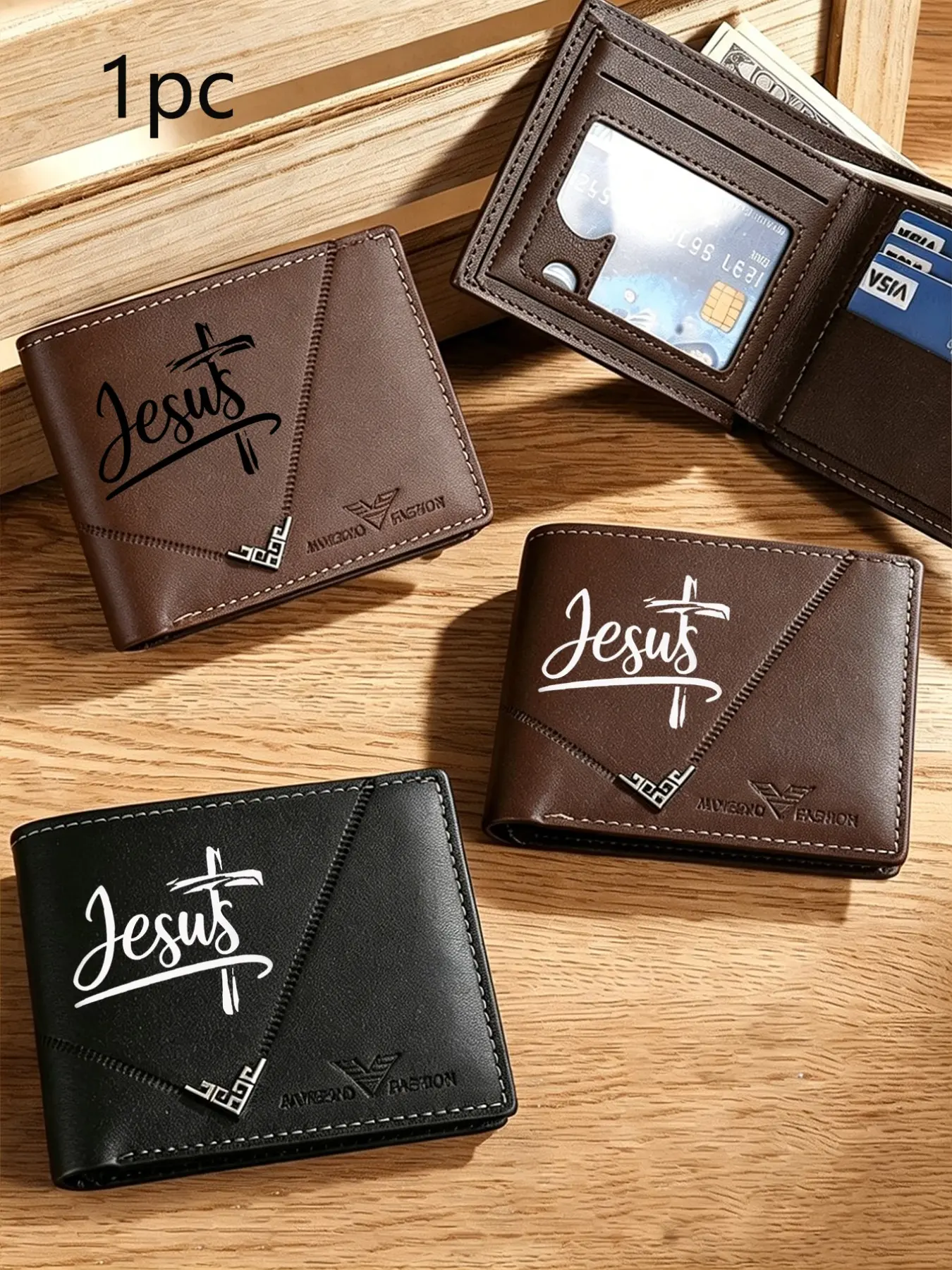 Jesus Cross Print Men Bifold Wallet, PU Leather Multi Card Slots Purse, Portable Cash Card Holder, Fashion Short Wallet for Men