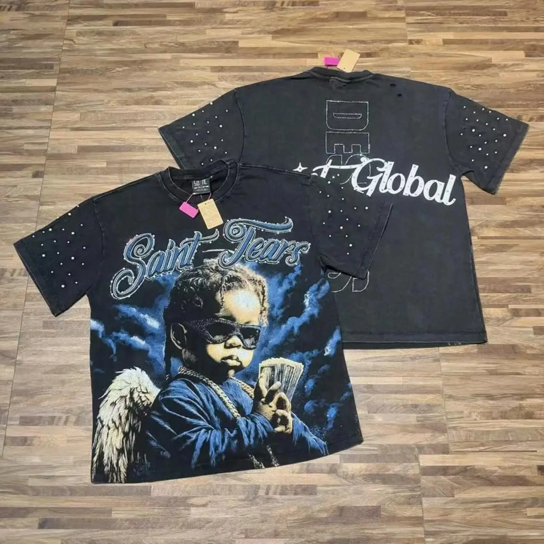 Y2K Shining Diamond Hot Stamping Letter Washed T-Shirt 100% Cotton Loose Oversized Baggy Crew Neck Rhinestone Short Sleeve Graphic Tee Hip Hop High Streetwear for Men Women