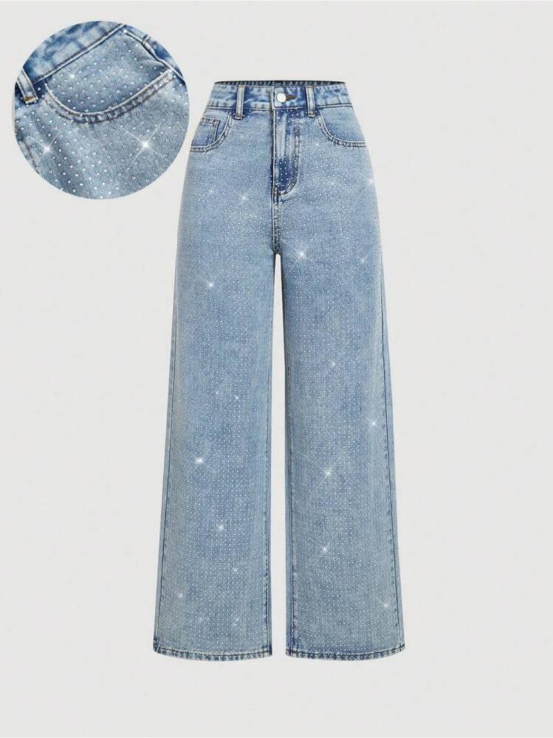 Women's Elegant High-Waisted Wide-Leg Jeans, with Rhinestone Embellished, All-Season Fitted Woven Fabric Fashion Pants