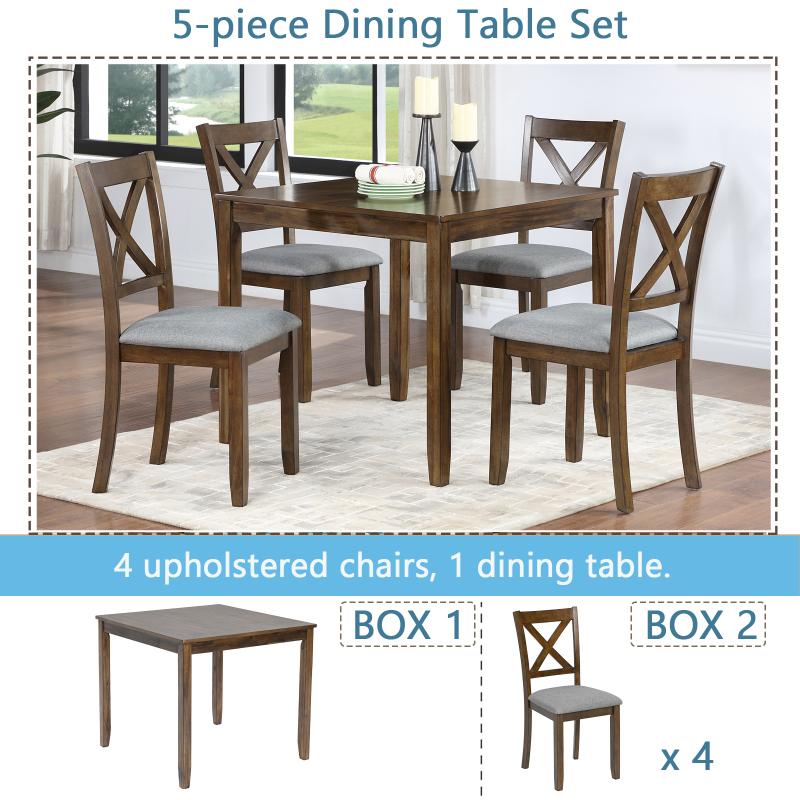 5 Piece Modern Dining Set, Square Wooden Dining Table with 4 Upholstered Chairs for Kitchen, Dining Room, Walnut
