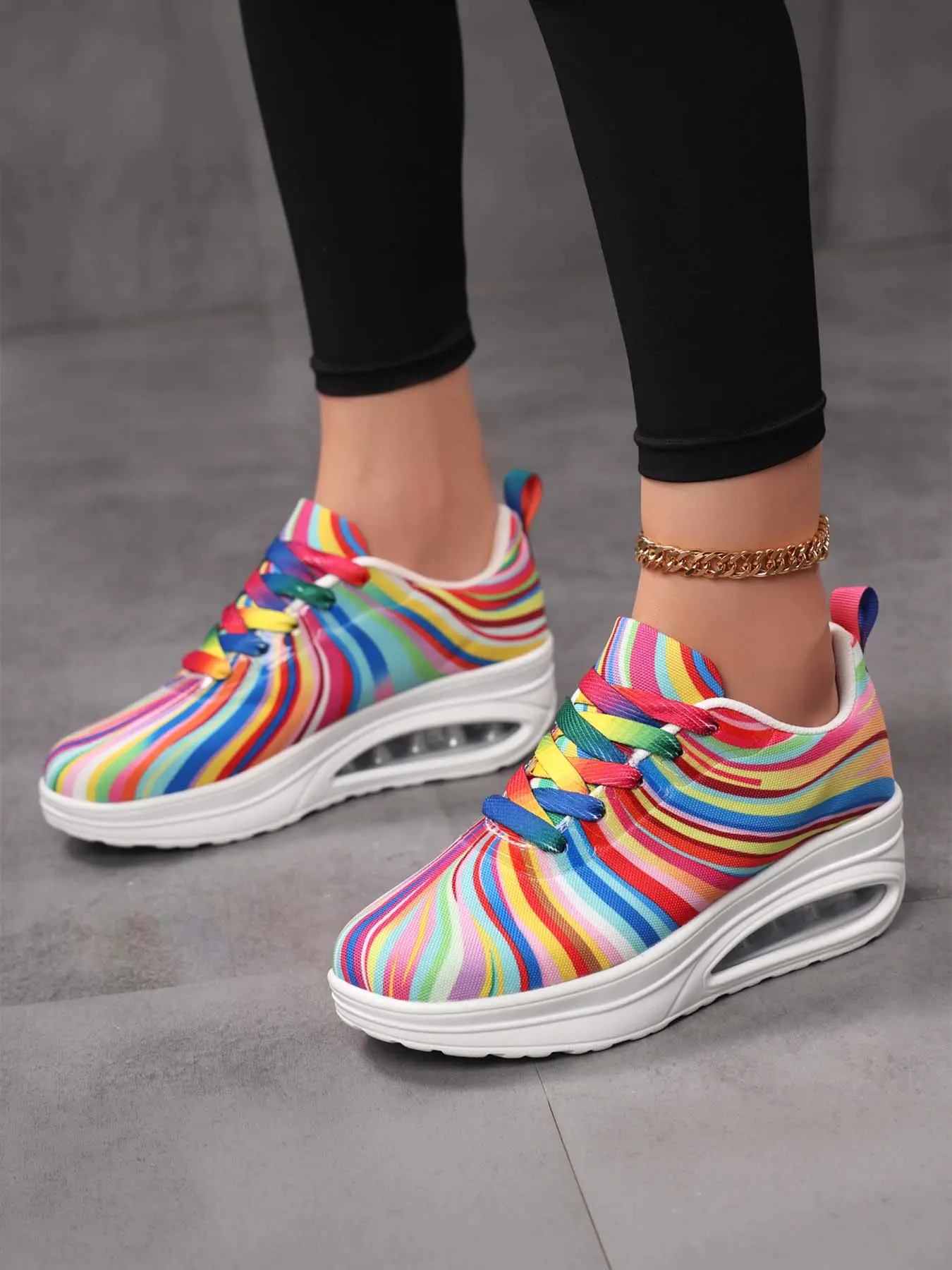 Women's Rainbow Stripe Print Air Cushion Platform Casual Sneakers, Colorful Lace Lightweight Lace-Up Height Increasing Wedge Dad Shoes, Non-Slip Training Footwear for Jogging & Daily Commute