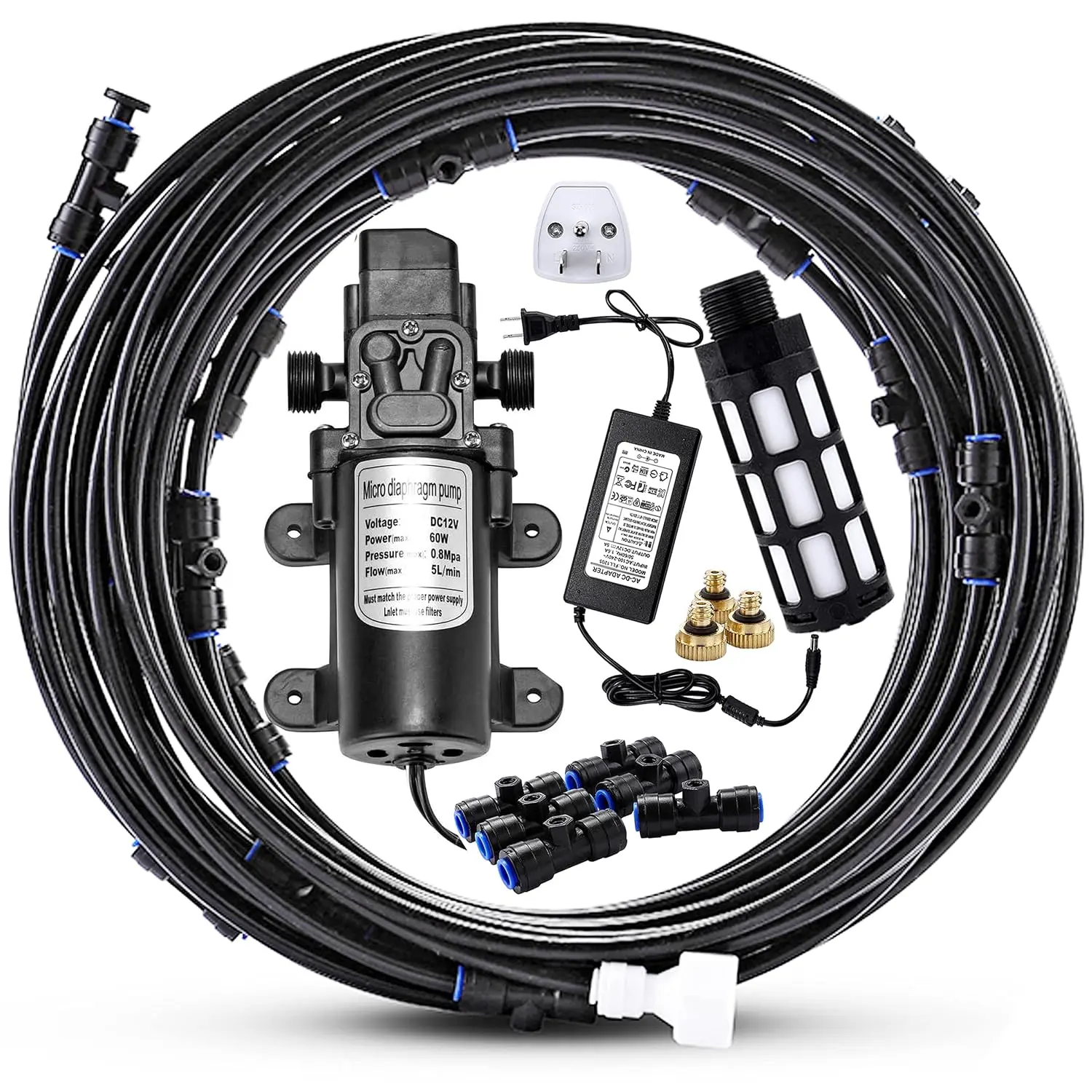 Outdoor Misting Cooling System with Pump Kit, 49.2FT(15M) Misting Line | Misting Pump with Filter, 20 Brass Mist Nozzles, 1 Brass Adapter (3/4"), 12V DC 60W 5L/Min, Self Priming Sprayer Water Pump