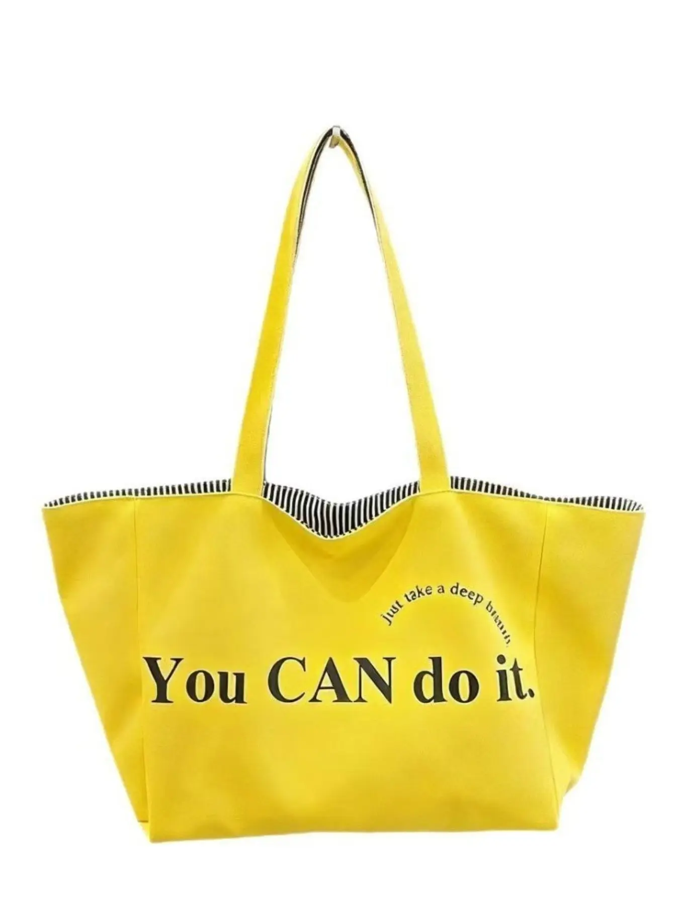 Reversible Women Tote Bag, Large Capacity Letter Print Handbag, Inspirational Slogan & Striped Double Sided Shoulder Bag, Lightweight Wear Resistant Laptop Bag Fits 14 Inch Notebook for Students Commute Daily Use