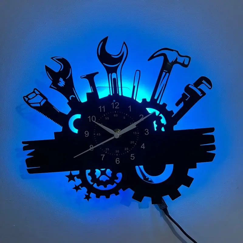 LED Vinyl Record Wall Clock, Led Wall Clocks, Industrial Gear Mechanic Tools Wrench Hammer Saw Silhouette Silent Non-Ticking Quartz Watch, Wall Decorations for Garage Workshop Home, Man Cave Decor, Timeless Gift, Housewarming Present