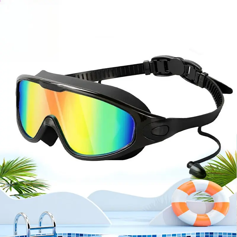 Adult swimming goggles, silicone one-piece earplugs, waterproof fog swimming glasses, cross-border European and American myopia, large-frame swimming goggles.