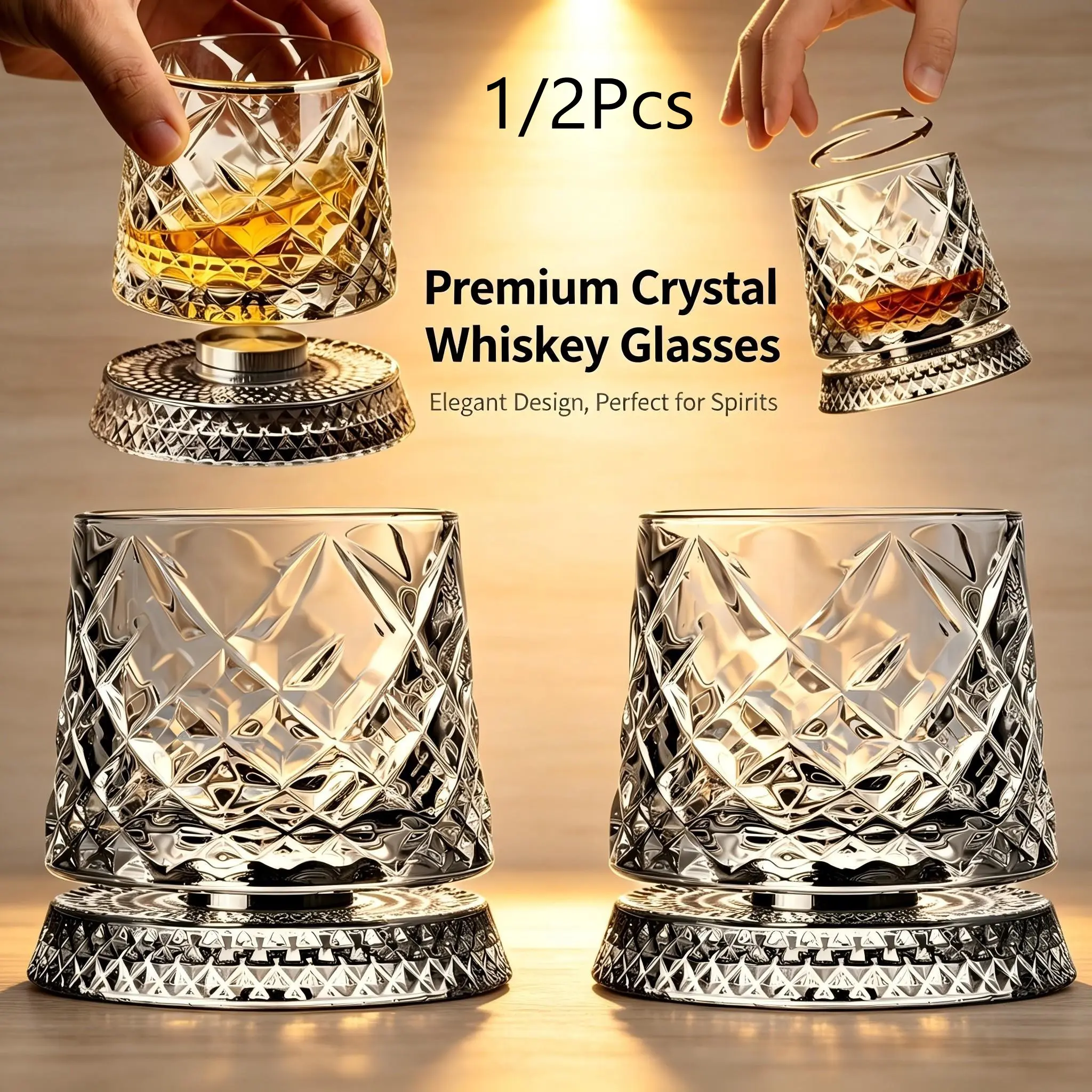 360° Rotating Crystal Whiskey Glass Set with Thick Base, Lead-Free Premium Glass, Ideal Bourbon & Scotch Drinking Glasses, Unique Gift for Men, Glassware Drinking Glasses