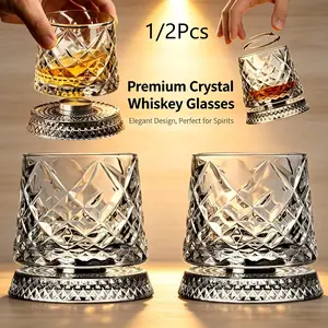 360° Rotating Crystal Whiskey Glass Set with Thick Base, Lead-Free Premium Glass, Ideal Bourbon & Scotch Drinking Glasses, Unique Gift for Men