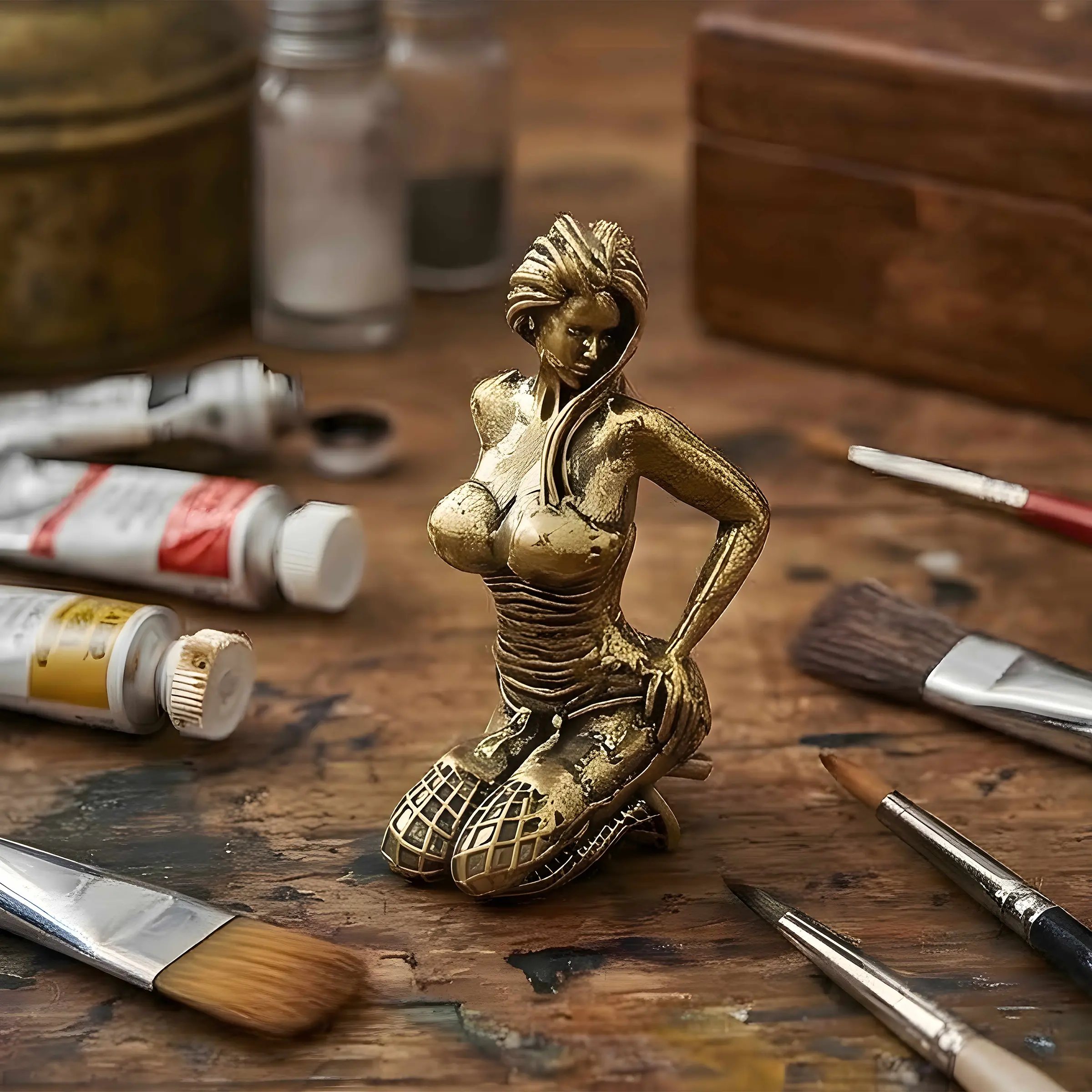 Vintage Brass Kneeling Beauty Figurine, Antique Woman Statue, Mini Desk Decor, Unique Creative Metal Art Craft, Metal Sculptures