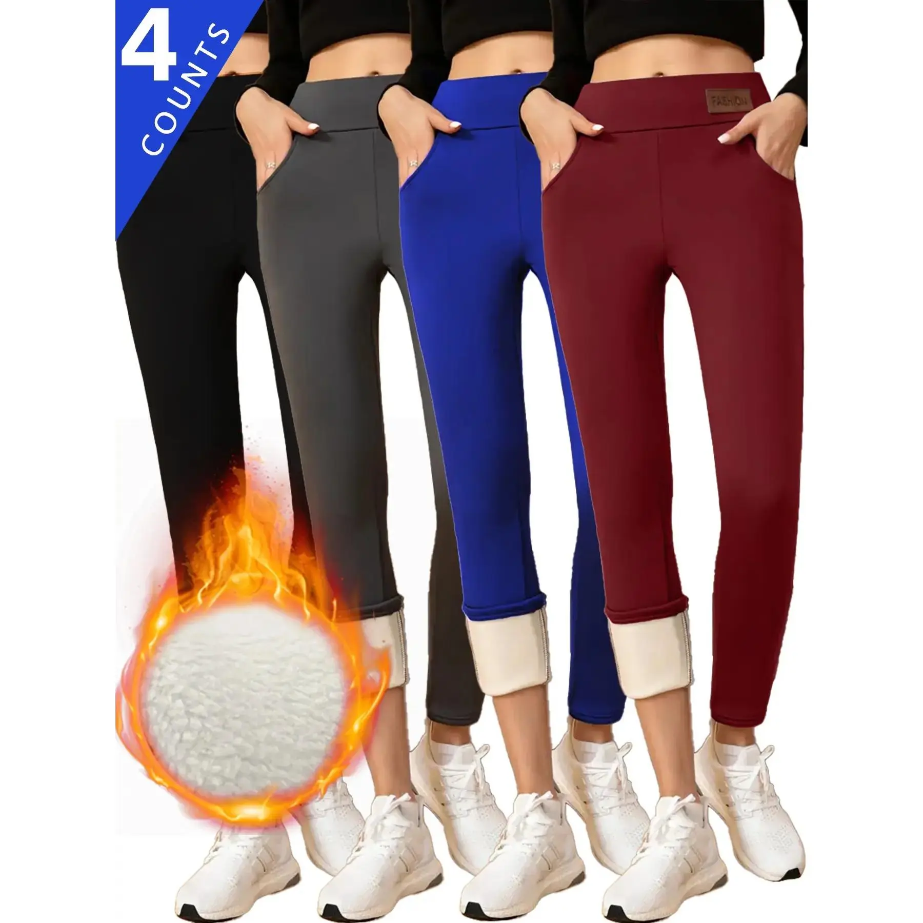 4-Pack Women's Plush Thermal Fleece Leggings - High Waisted Tummy Control Joggers with Pockets, Comfort Stretch Fabric