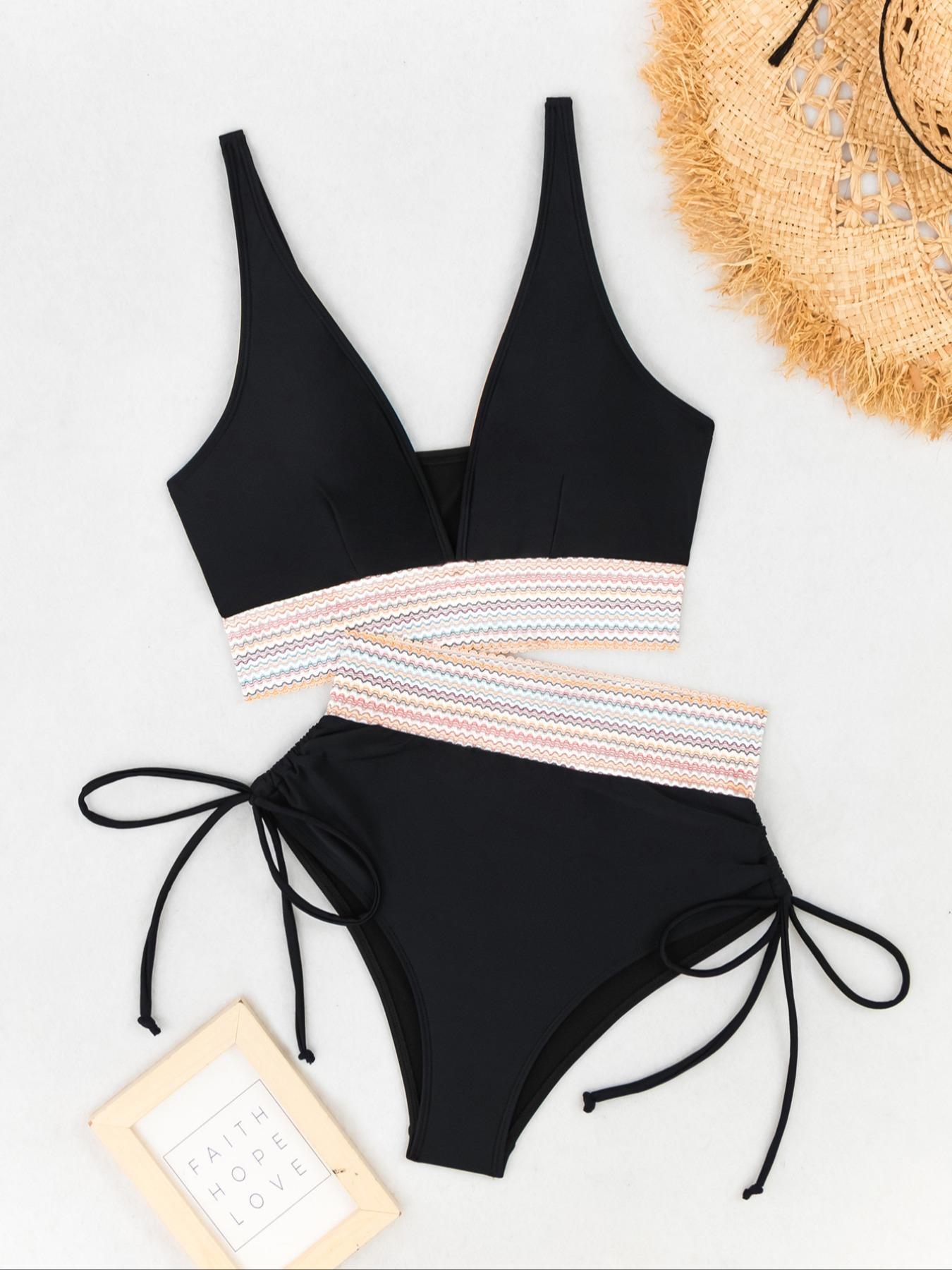 Two-piece Set Women's Colorblock  Bikini Set, Casual Fashion Chic Swim Top & Swim Bottom  Set for Beach Holiday Vacation, Ladies Swimwear for All Seasons, Sea Fancy Swimsuits