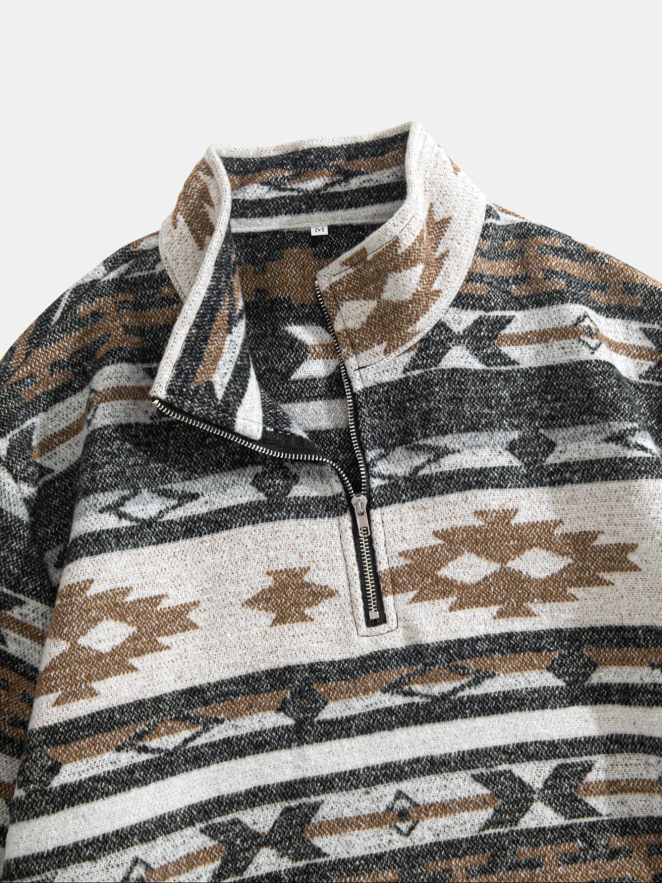 Men's Ethnic Pattern Half-Zip Mock Neck Jacket, Loose Casual Long Sleeve Zip Front Outerwear for Winter, Men's Winter Clothes for Daily Wear, Zippered Jacket