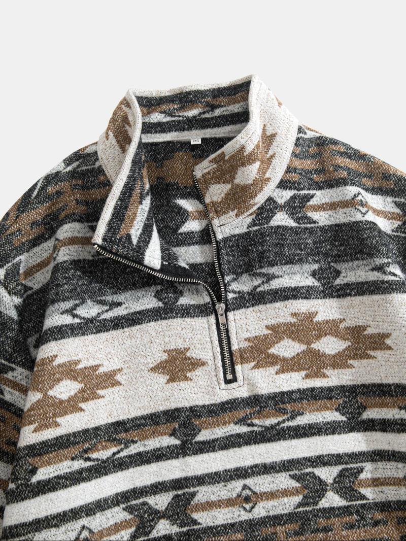 Men's Ethnic Pattern Half-Zip Mock Neck Jacket, Loose Casual Long Sleeve Zip Front Outerwear for Winter, Men's Winter Clothes for Daily Wear