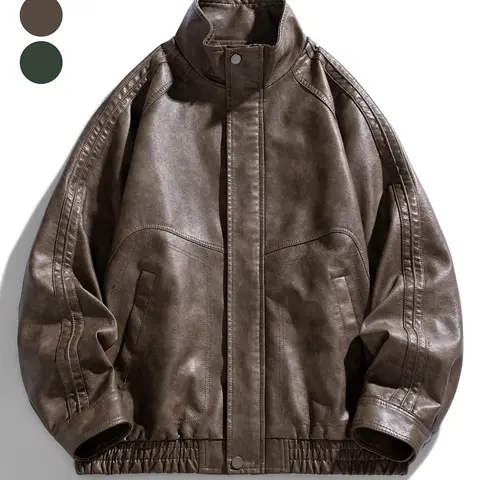 Men's Loose Fit Leather Jacket with Stand Collar, Collared Jacket, Motorcycle Style, Casual Outerwears, Street Fashion Outerwear, Streetwear Essential Outerwear Coats for Spring & Fall Seasons