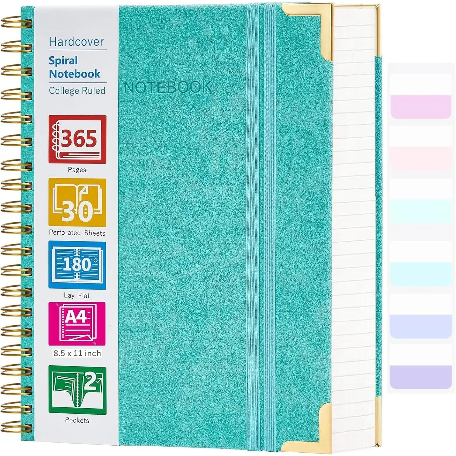 Spiral Notebook, 365 Page Hardcover College Ruled Notebook, 8.5" x 11", Large Leather Notebook Journal for Men Women, A4 Notebooks for Work School Notes, Journals for Writing, 24 count Index Tabs, Teal