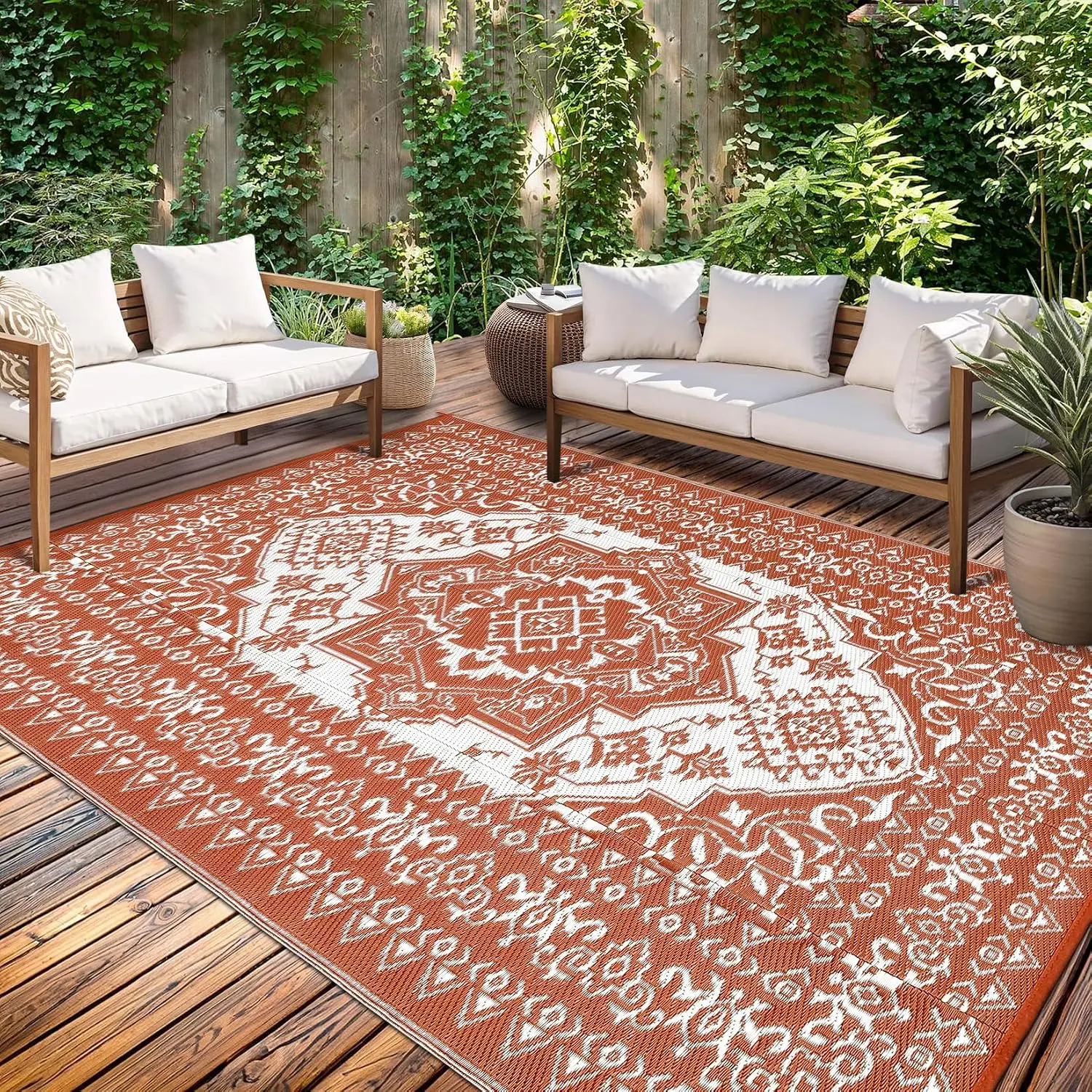 Large Outdoor Rug Patio Rugs Outdoor Waterproof Reversible Plastic Straw Camping Rug, Foldable Vintage Oriental Outside Mats for Camper, Balcony, Beach, Porch, RV, Terracotta