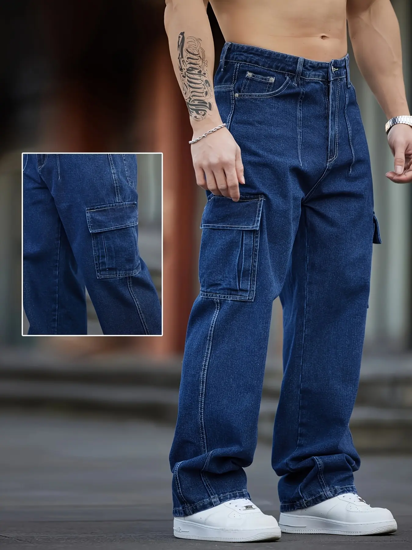 Men's Washed Deep Blue Workwear Jeans, Casual Multi-Pocket Design, Loose Fit Wide Leg Pants, Elastic Fabric, All-Season Wear, Durable Denim, Relaxed Stretch Jeans