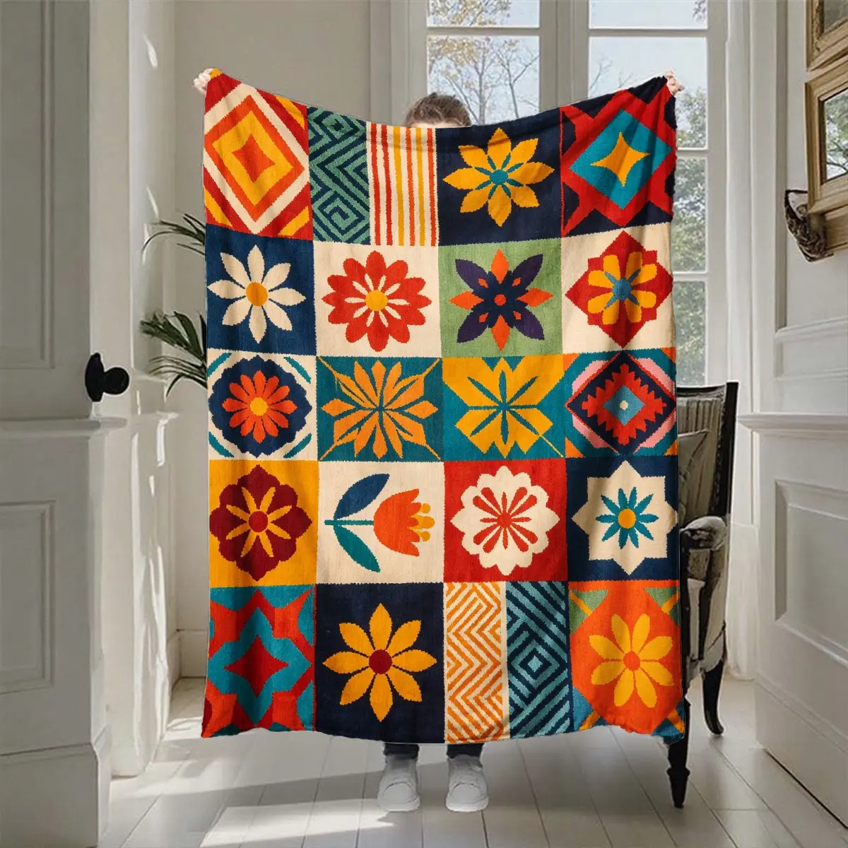 Boho Ethnic Floral Flannel Blanket, Vintage Geometric Print Throw, Living Room Sofa Nap Mat, Bedroom Bed End Decor, All-Season Gift Blanket