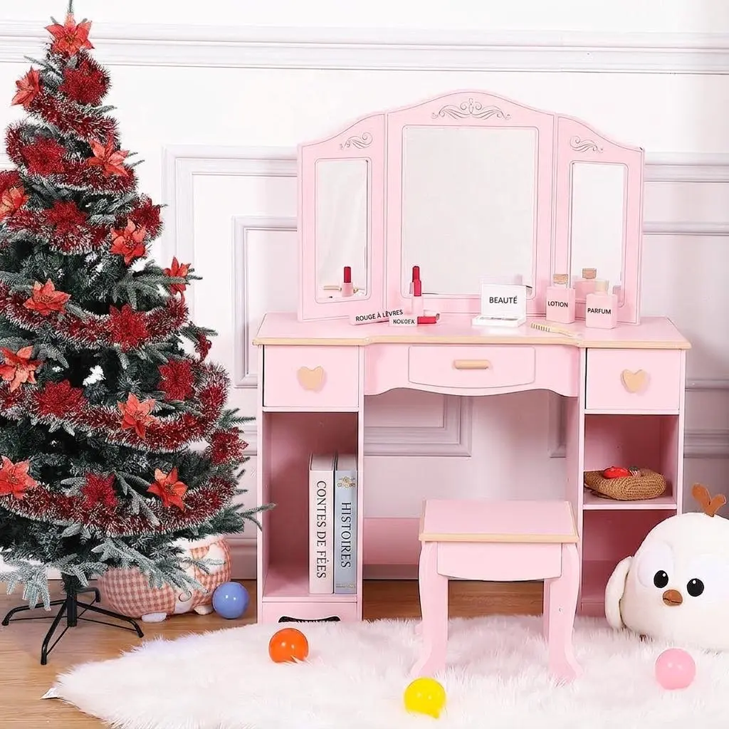 GAOMON Pink Kids Vanity Table with Tri-Fold Mirror, 3 Drawers & Open Storage Shelves, Princess Makeup Desk Set for Girls Bedroom, Creative Pretend Play Furniture Gift