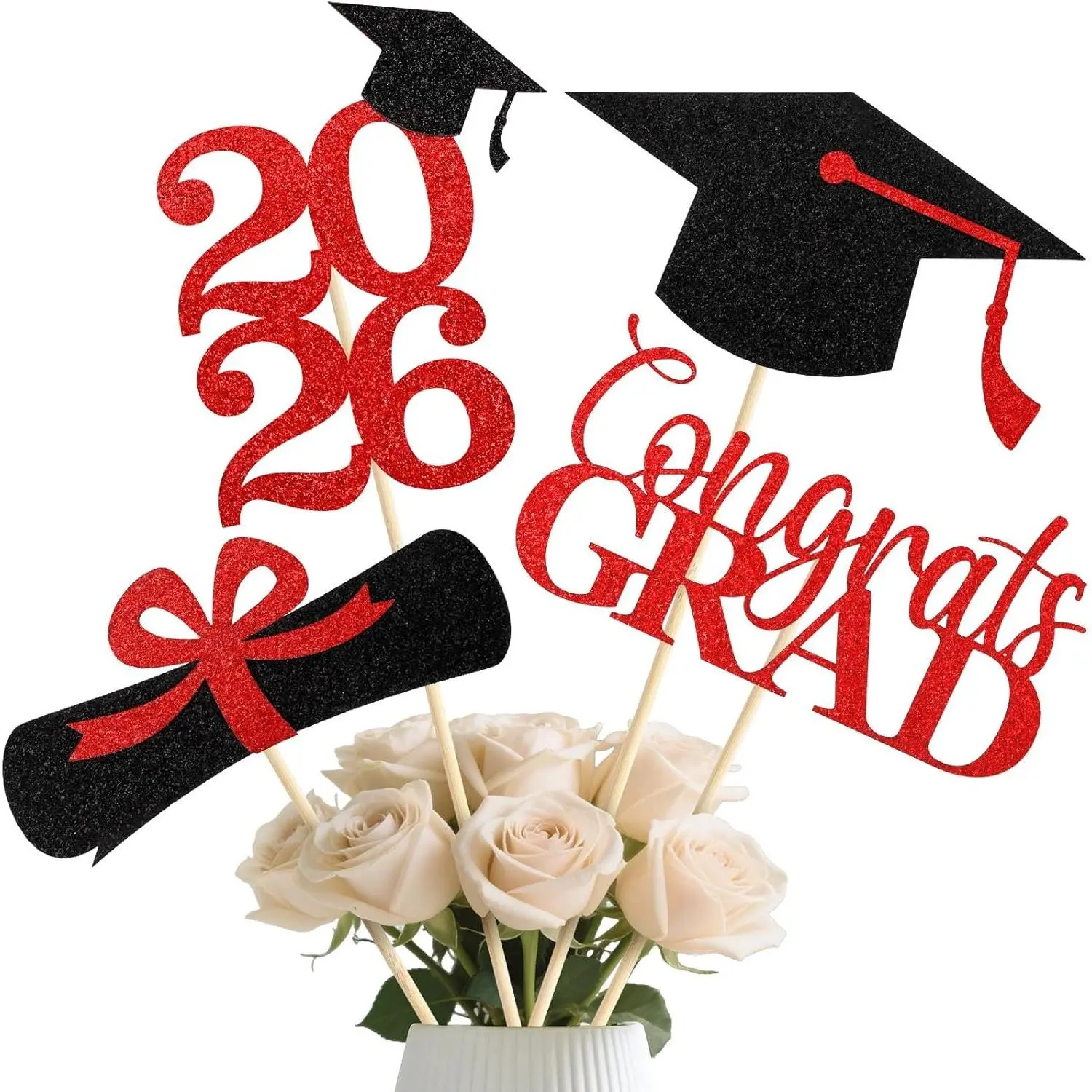 Graduation Decorations 2026, 16pcs Graduation Centerpieces for Tables, Black and Red Graduation Table Decorations, Class of 2026 Grad Party Decorations