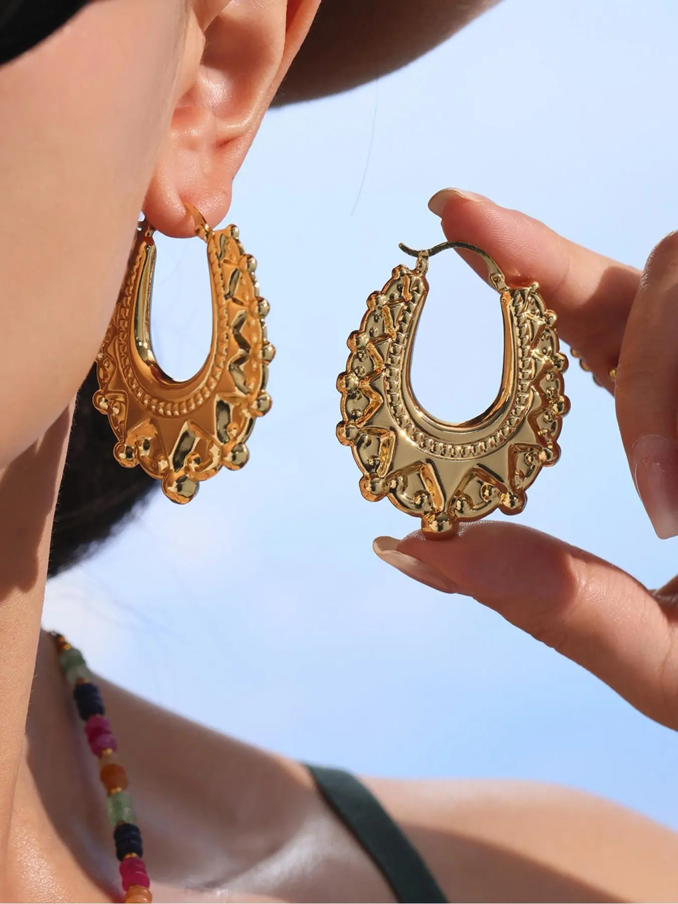 Women's 50mm Vintage Carved Creole Bohemian Earrings, Elegant Large Oval Design, Perfect Gift for Mom Wife Girlfriend, Fashion Jewelry Accessories